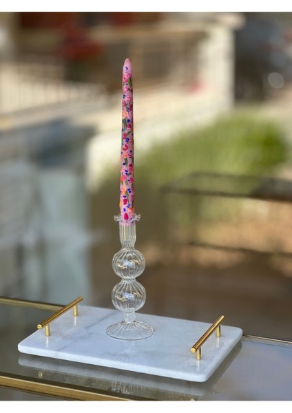 El Yapımı Beyaz Çizgili Üfleme Cam Şamdan, 2'li Toplu Mumluk Seti