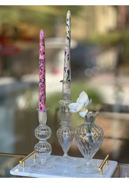 El Yapımı Beyaz Çizgili Üfleme Cam Şamdan, 2'li Toplu Mumluk Seti fiyatları