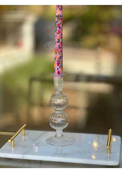 El Yapımı Beyaz Çizgili Üfleme Cam Şamdan, 2'li Toplu Mumluk Seti modelleri