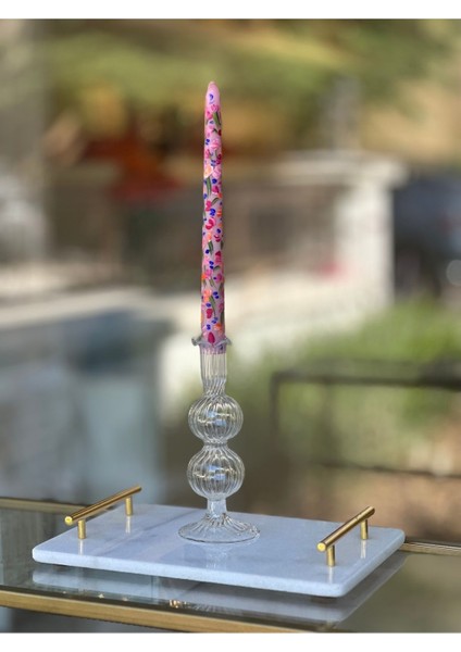 El Yapımı Beyaz Çizgili Üfleme Cam Şamdan, 2'li Toplu Mumluk Seti fırsatları