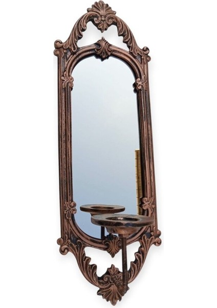 Şık Niş Dikdörtgen Aynalı Polyester Mumluk Takımı, Bakır Eskitme Tarzında