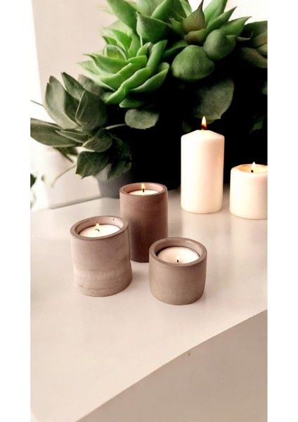 El Yapımı Beton 3'lü Silindir Tealight Mumluk Şamdan, Şık ve Modern Dekor.