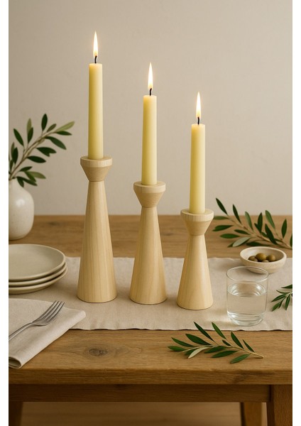 El Yapımı Doğal Ahşap Şamdan Seti, Rustik Dekor, 3'lü, Farklı Boyutlar