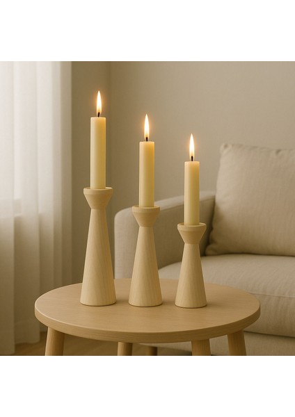 El Yapımı Doğal Ahşap Şamdan Seti, Rustik Dekor, 3'lü, Farklı Boyutlar