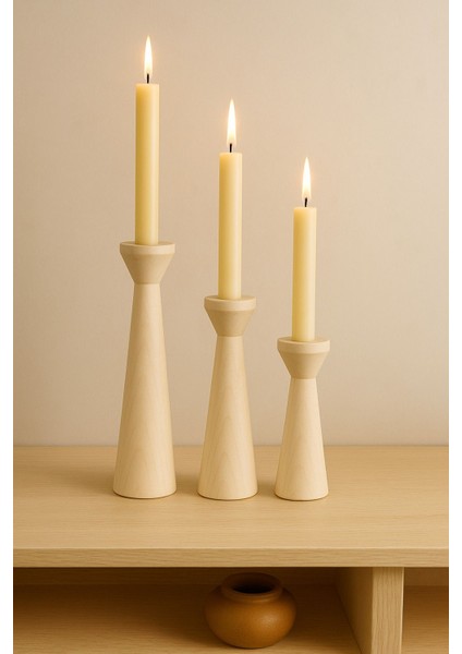 El Yapımı Doğal Ahşap Şamdan Seti, Rustik Dekor, 3'lü, Farklı Boyutlar