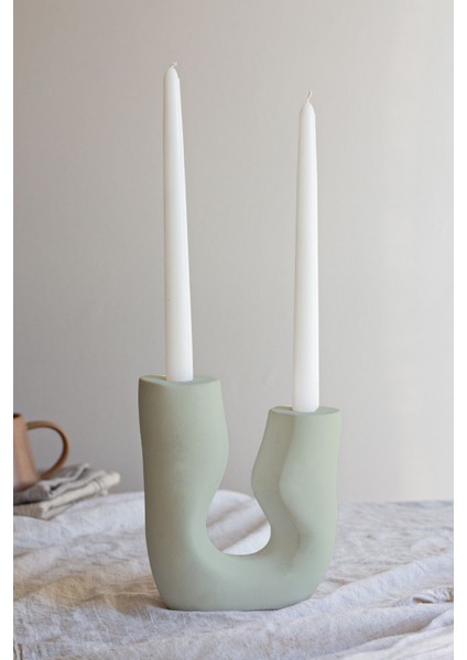 Haki Büyük Asimetrik 2 Kollu Beton Şamdan Seti, Şık ve Modern Dekorasyon Için