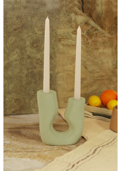 Haki Büyük Asimetrik 2 Kollu Beton Şamdan Seti, Şık ve Modern Dekorasyon Için modelleri