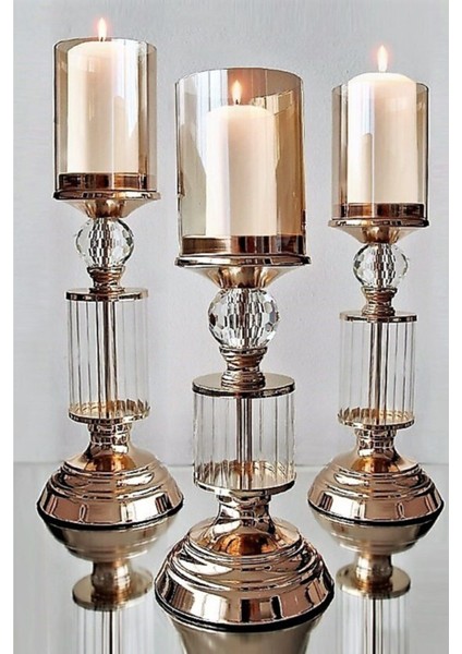 Şık 3'lü Cam Kristal Mumluk Seti, Parlak ve Zarif Dekor | Altın Renkli