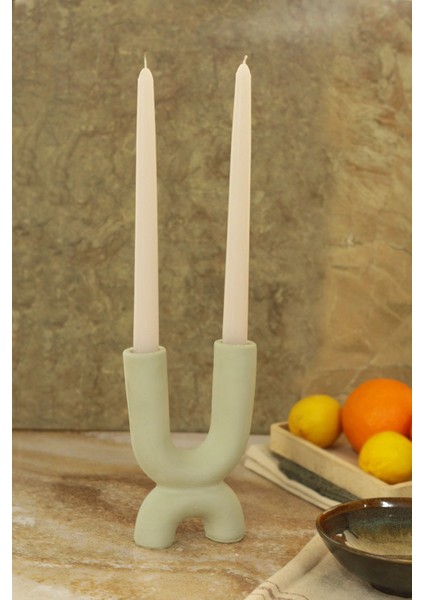 Haki Iskandinav Tarzı Büyük 2 Kollu Beton Şamdan - Çiftli Mum Seti