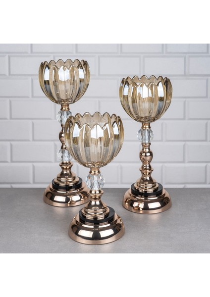 Bal Renkli Üçlü Cam Mumluk Seti, 34-30-25 Cm, Şık ve Zarif Dekoratif Ürün.