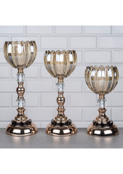 Bal Renkli Üçlü Cam Mumluk Seti, 34-30-25 Cm, Şık ve Zarif Dekoratif Ürün. fiyatları