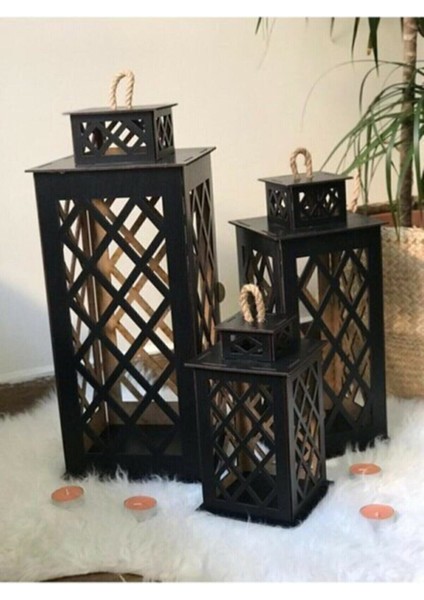 Şık Ahşap Fener Mumluk, Siyah, Dekoratif ve Zarif Tasarım