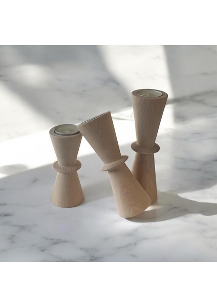 Doğal Gürgen Ağacı 3'lü Dekoratif Ahşap Şamdan ve Kum Saati Seti