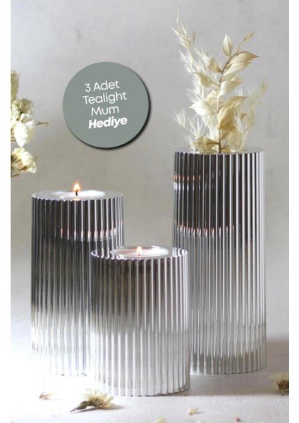3'lü Tırtıklı Krom Mumluk Seti, Şık ve Dekoratif Hediye Alternatifi