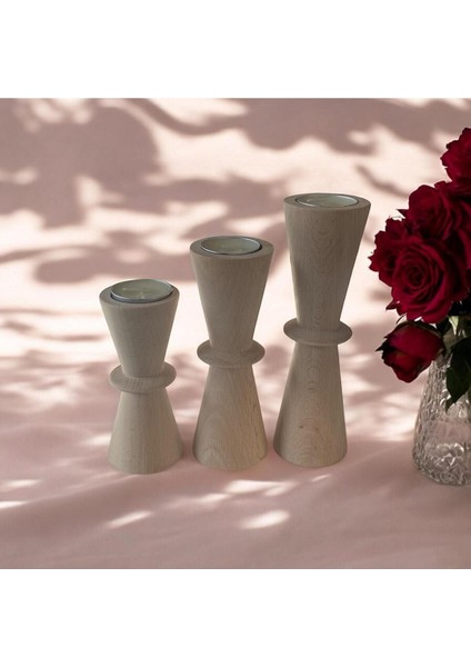 Doğal Gürgen Ağacı 3'lü Dekoratif Ahşap Şamdan ve Kum Saati Seti modelleri