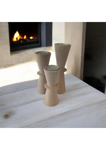 Doğal Gürgen Ağacı 3'lü Dekoratif Ahşap Şamdan ve Kum Saati Seti fırsatları