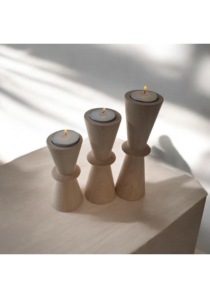 Doğal Gürgen Ağacı 3'lü Dekoratif Ahşap Şamdan ve Kum Saati Seti