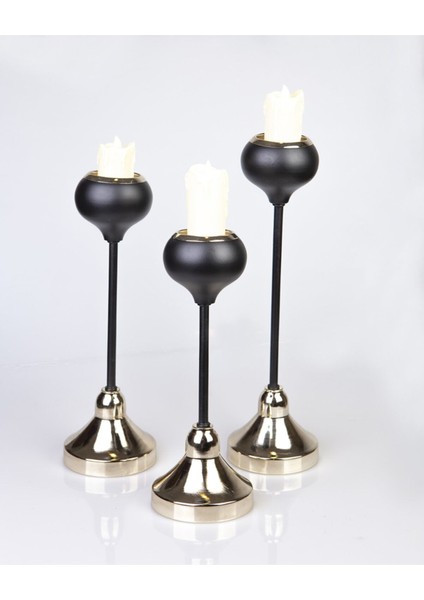 3'lü Armut Şamdan Seti Siyah ve Gümüş Paslanmaz Ev Dekoru