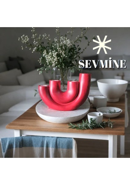El Yapımı Kırmızı Beton Dörtlü Mumluk, Modern Dekoratif ve Hediyelik Aksesuar