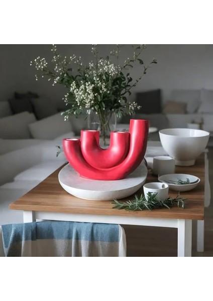 El Yapımı Kırmızı Beton Dörtlü Mumluk, Modern Dekoratif ve Hediyelik Aksesuar modelleri
