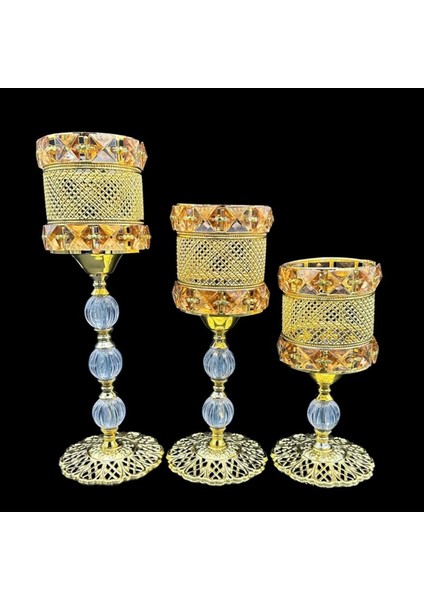 Şık Üçlü Dantel Ayaklı Gold Şamdan Seti, Ev ve Dekorasyon Için Zarif Tasarım