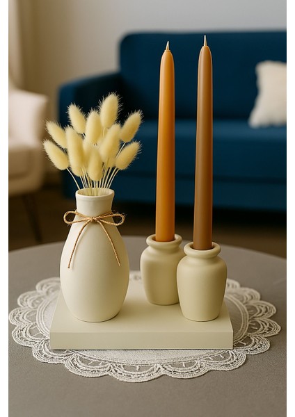 Beyaz Dekoratif Tepsi Içinde 3 Lü Şamdan Seti Şık ve Zarif Tasarım