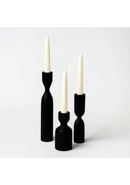 Doğal Ahşap Siyah 3'lü Şamdan Seti, Rustik ve Modern Tarz, 18-14-10 cm