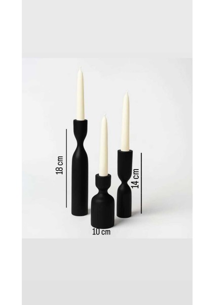 Doğal Ahşap Siyah 3'lü Şamdan Seti, Rustik ve Modern Tarz, 18-14-10 cm modelleri