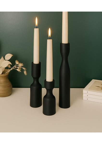 Doğal Ahşap Siyah 3'lü Şamdan Seti, Rustik ve Modern Tarz, 18-14-10 cm indirimleri