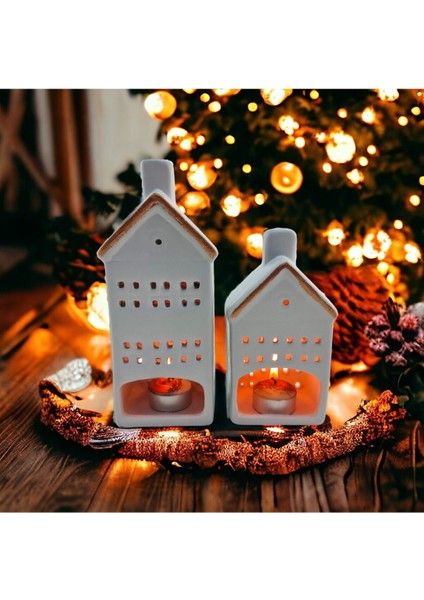 Seramik 2'li Ev Figürlü Dekoratif Mumluk Seti, Şık ve Estetik Tasarım