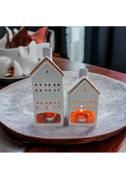 Seramik 2'li Ev Figürlü Dekoratif Mumluk Seti, Şık ve Estetik Tasarım indirimleri