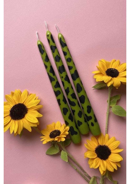 El Çizimi Yeşil Inek Desenli Kokulu Mum Seti, Zarif ve El Yapımı Dekoratif Şamdan