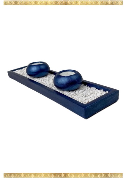 El Yapımı 2'li Gece Mavisi Mumluk ve Dekoratif Tepsi Seti