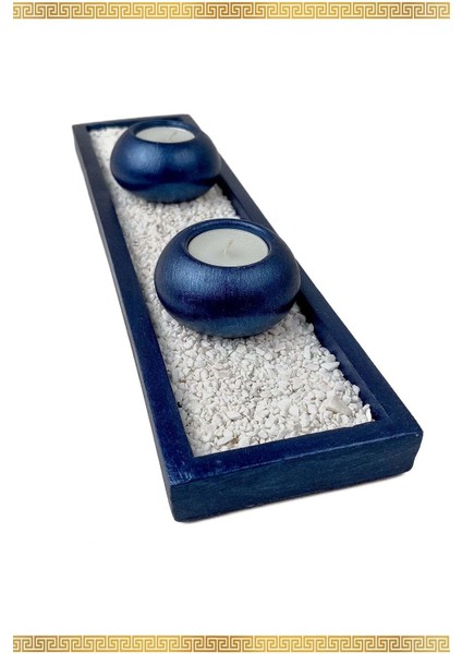 El Yapımı 2'li Gece Mavisi Mumluk ve Dekoratif Tepsi Seti