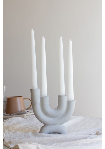 Gri Iskandinav Tarzı Büyük 4 Kollu Beton Şamdan ve Mum Seti