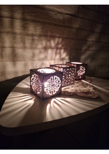 Şık Ahşap 3'lü Mumluk Seti, Doğal Renk, Sıcak Atmosfer Sağlar.