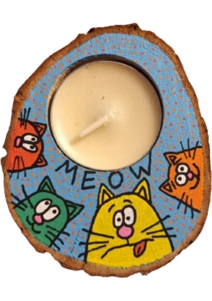Renkli Kütük Tasarımlı Kedi Temalı Dekoratif Mumluk