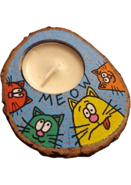 Renkli Kütük Tasarımlı Kedi Temalı Dekoratif Mumluk fiyatları