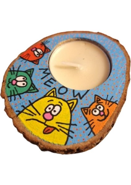 Renkli Kütük Tasarımlı Kedi Temalı Dekoratif Mumluk modelleri