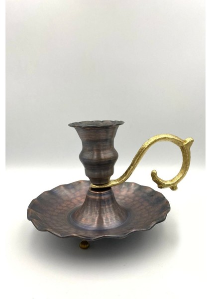 Oksitli Bakır El Şamdanı, Kulplu Antika Vintage Mumluk, Şinanay Tarzı