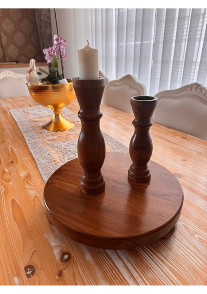 Bej Ahşap 2'li Şamdan ve Servis Takımı, Şık ve Doğal Tasarım