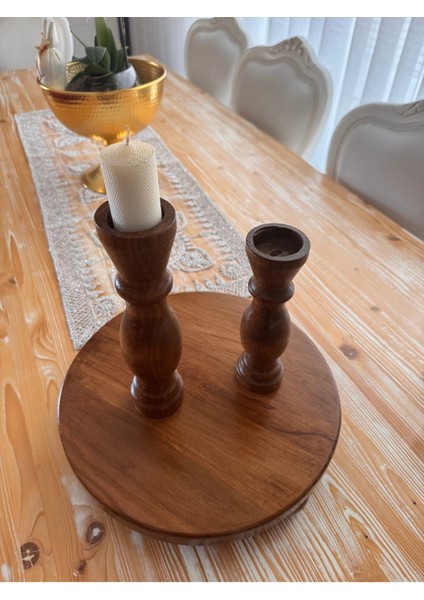 Bej Ahşap 2'li Şamdan ve Servis Takımı, Şık ve Doğal Tasarım fiyatları