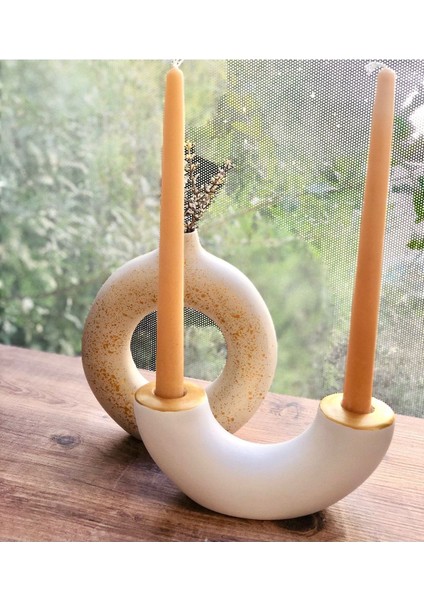 Beyaz Bej Gold Renkli Vazo ve Mumluk Seti, Dekoratif Aksesuarlar