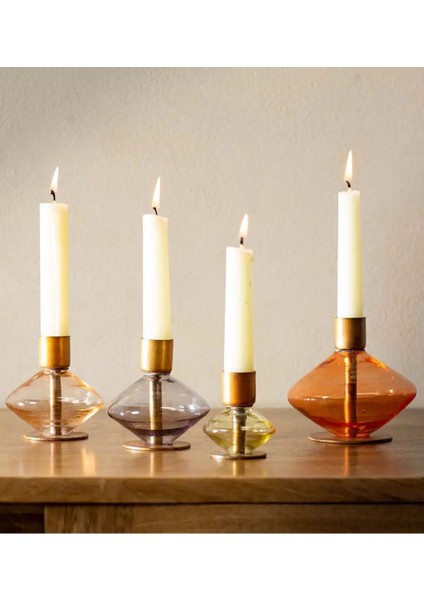 4'lü Cam Vintage Şamdanlar, Pirinç Detaylı, Şık ve Zarif Tasarım