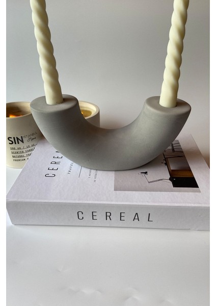 Yarım Ay Beton Şamdan ve Vazo, Modern Dekorasyon Parçası, Gri Renk