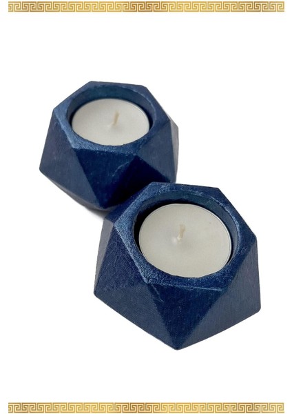 2'li Gece Mavisi Taş Mumluk Seti, Dekoratif Prizma Tasarımı