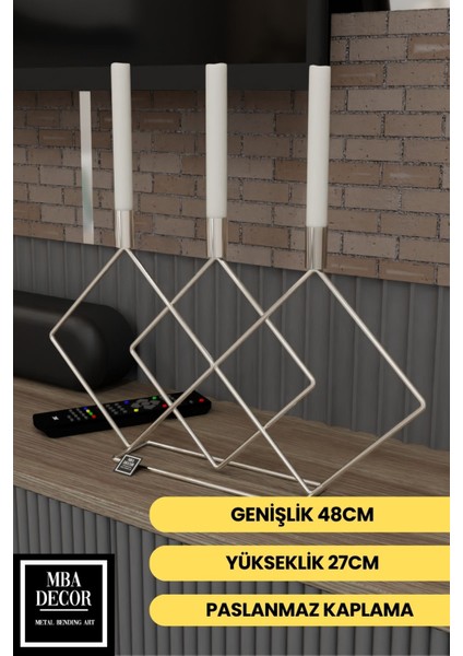 Paslanmaz Metal Prizma 48CM Masaüstü Şamdan Mumluk, Şık ve Dekoratif Ev Aksesuarı