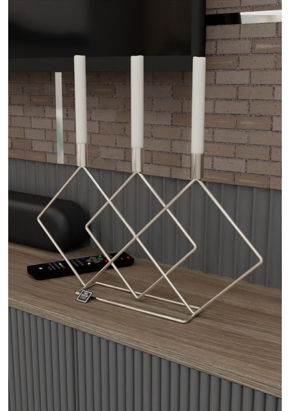 Paslanmaz Metal Prizma 48CM Masaüstü Şamdan Mumluk, Şık ve Dekoratif Ev Aksesuarı