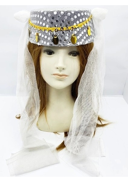 Beyaz Duvaklı Altın Pul Işlemeli Kına Fesi Kına Şapkası Oryantal Şapkası