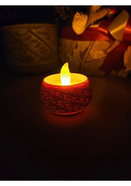 Geometrik Desenli Dekoratif Tealight LED Mum Altlığı Bej